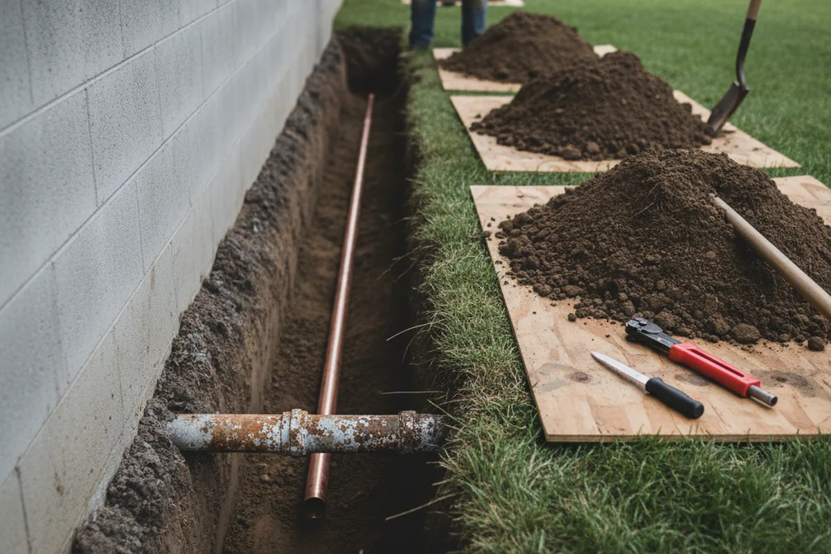 Excavated water line trench during Water Softener Installation in Indian Wells